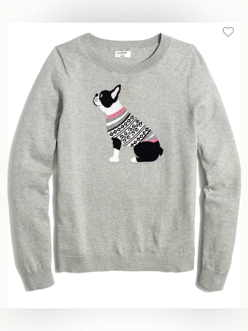 J. Crew Light Gray Crewneck Sweater Teddie Boston Terrier Size S